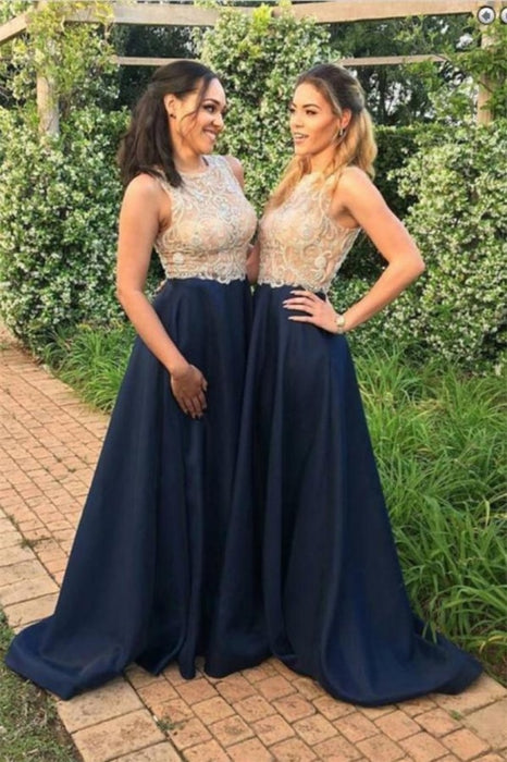 Modest Navy Long A-Line Beading A-Line Prom Dresses Bridesmaid Dresses - Bridesmaid Dresses