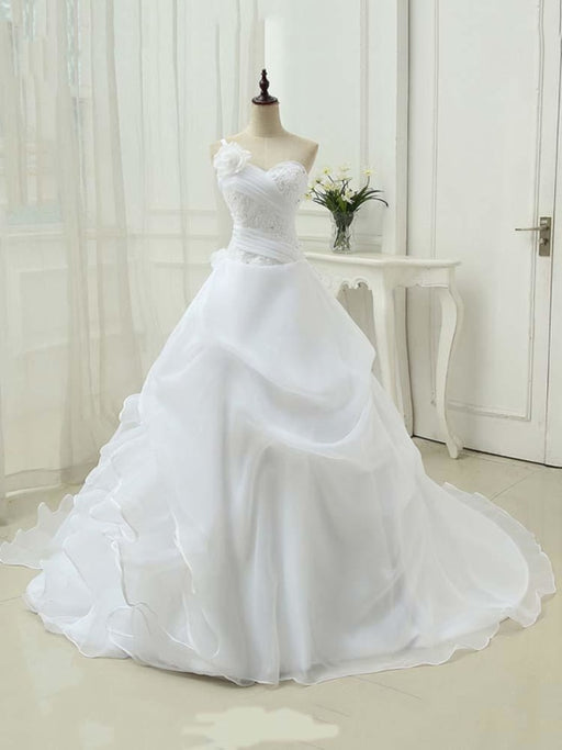 Modest One Shoulder Sweetheart Flower A-Line Wedding Dresses - White / Floor Length - wedding dresses