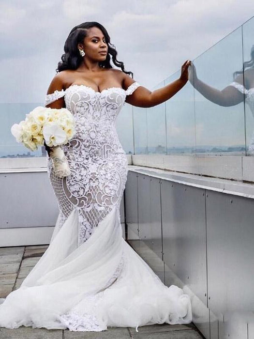 Modest Plus Size Off-the-Shoulder Mermaid Wedding Dresses - White / Floor Length - wedding dresses