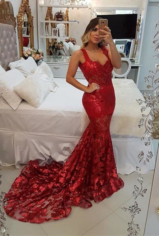 Modest Red Straps Mermaid Sweep Train Evening Dress | Lace Party Gown - Prom Dresses
