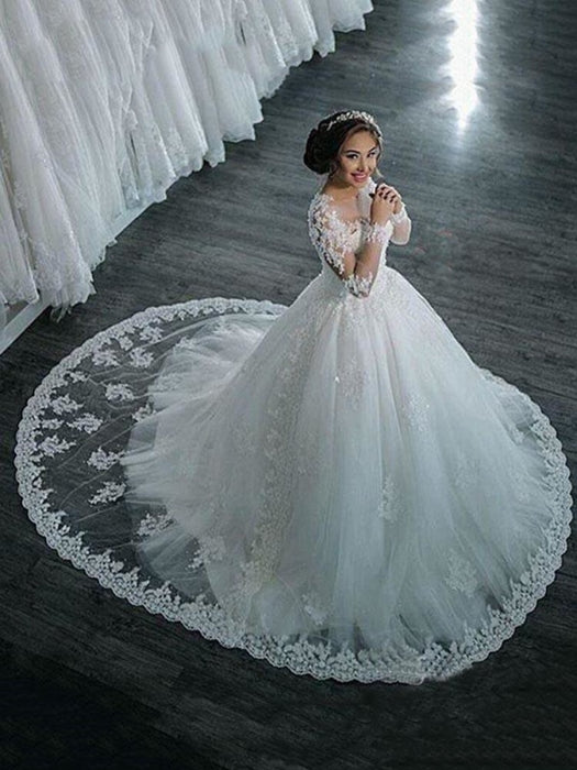 Modest Sheer Neck Long Sleeves Ball Gown Wedding Dresses - Ivory / Floor Length - wedding dresses