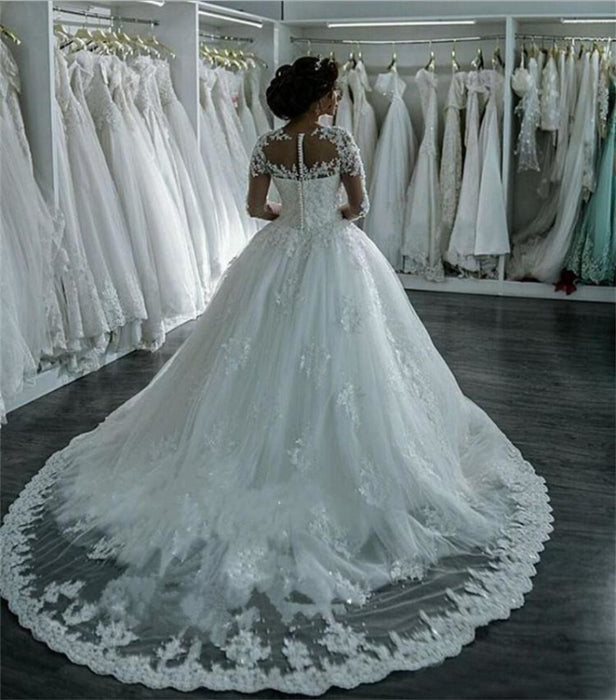 Modest Sheer Neck Long Sleeves Ball Gown Wedding Dresses - wedding dresses