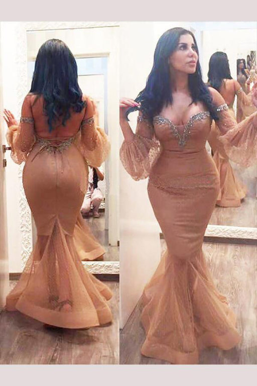 Modest Sleek Exquisite Plus Size Mermaid Floor-length Long Sleeves Off-the-shoulder Tulle Backless Prom Dress - Prom Dresses