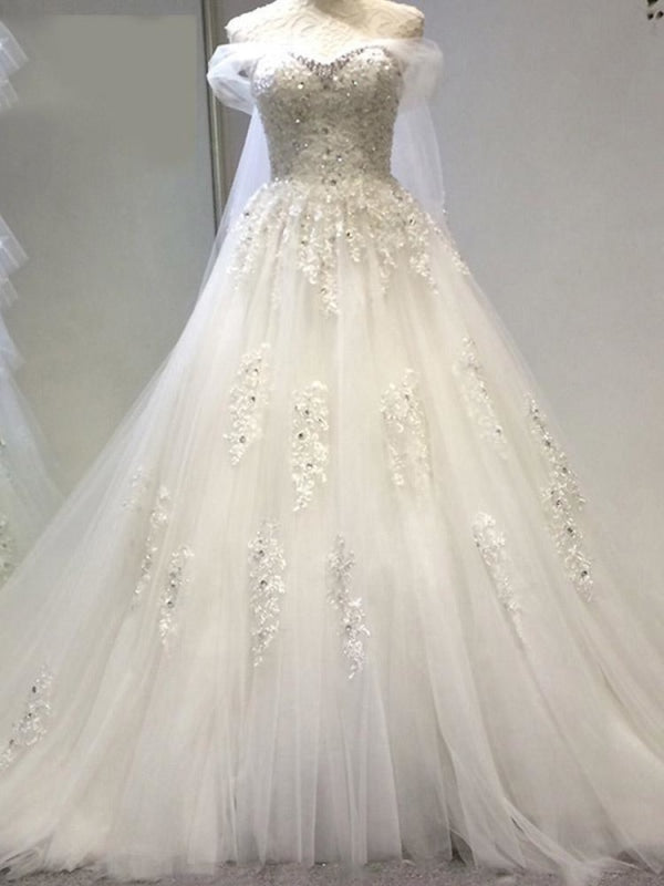 Modest Sweetheart Beaded Pearls Tulle Wedding Dresses - White / Floor Length - wedding dresses