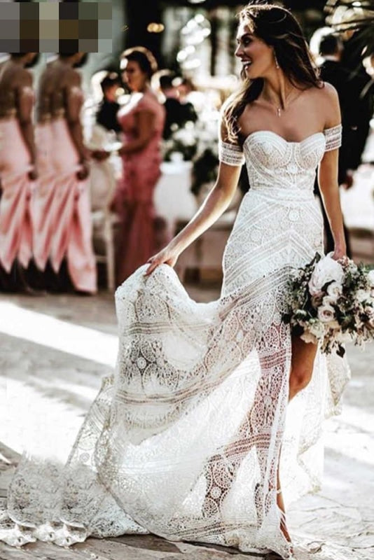 Modest Sweetheart Neck Lace Beach Sexy Boho Wedding Dress - Wedding Dresses