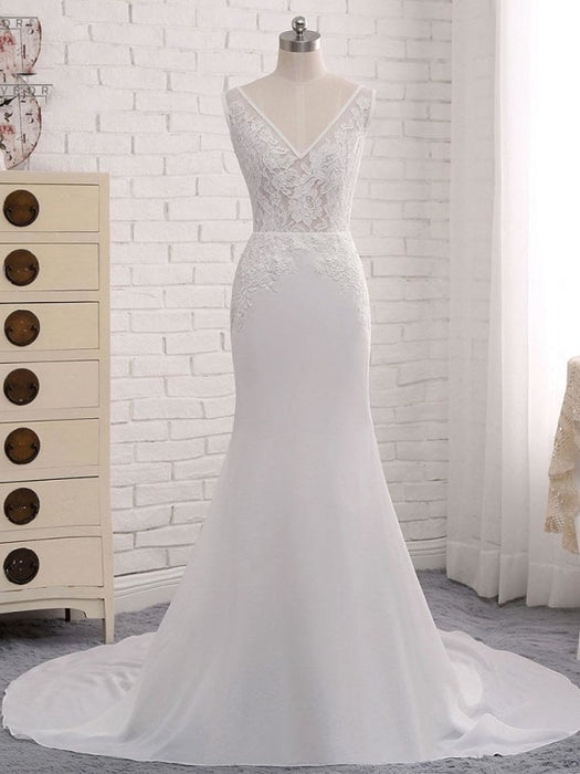 Modest V-Neck Lace Mermaid Wedding Dresses - White / Floor Length - wedding dresses