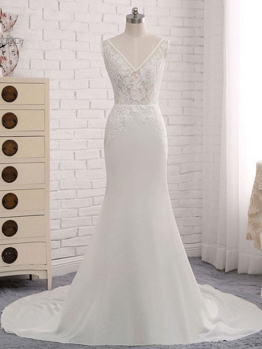 Modest V-Neck Lace Mermaid Wedding Dresses - Ivory / Floor Length - wedding dresses