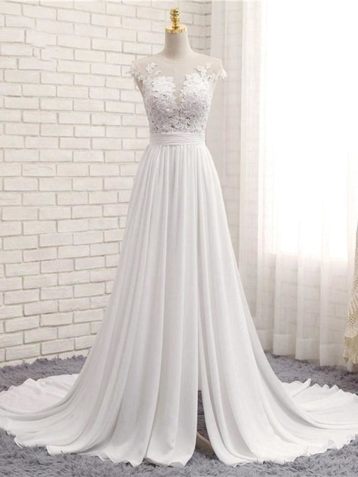 Modest V-neck Lace Split Covered Button Wedding Dresses - wedding dresses