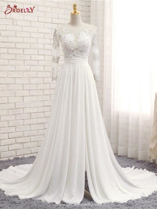 Modest V-neck Lace Split Covered Button Wedding Dresses - White / Long Sleeves - wedding dresses