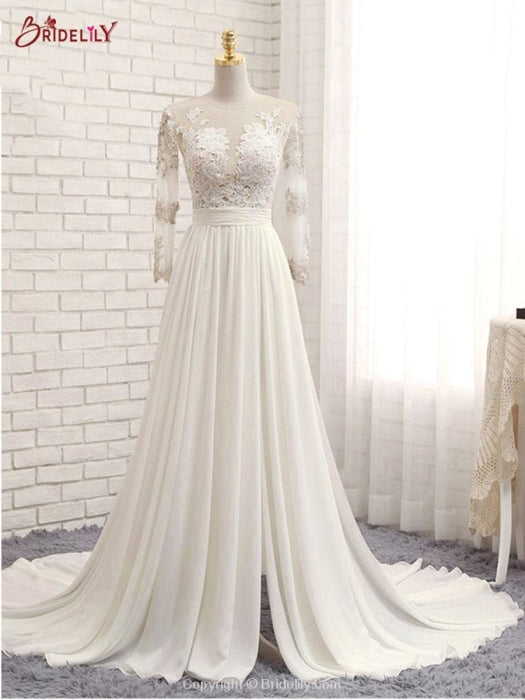 Modest V-neck Lace Split Covered Button Wedding Dresses - Ivory / Long Sleeves - wedding dresses