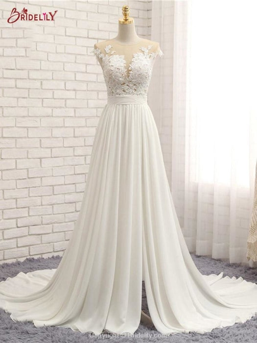Modest V-neck Lace Split Covered Button Wedding Dresses - wedding dresses