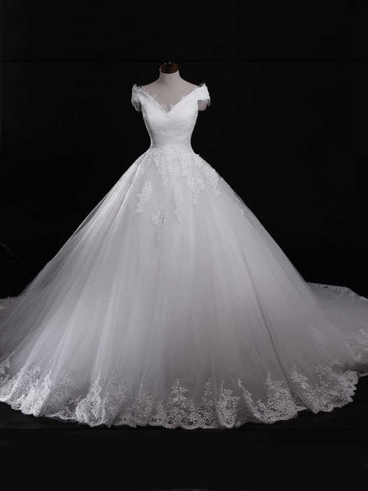 Modest V-Neck Lace-Up Ball Gown Tulle Wedding Dresses - White / Floor Length - wedding dresses