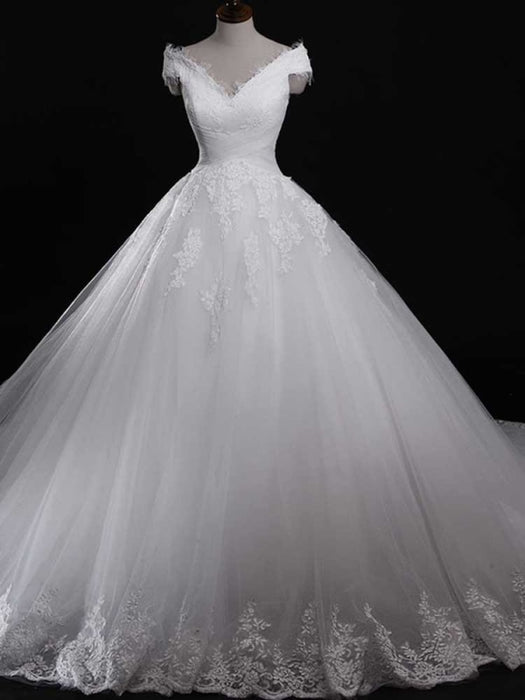 Modest V-Neck Lace-Up Ball Gown Tulle Wedding Dresses - wedding dresses