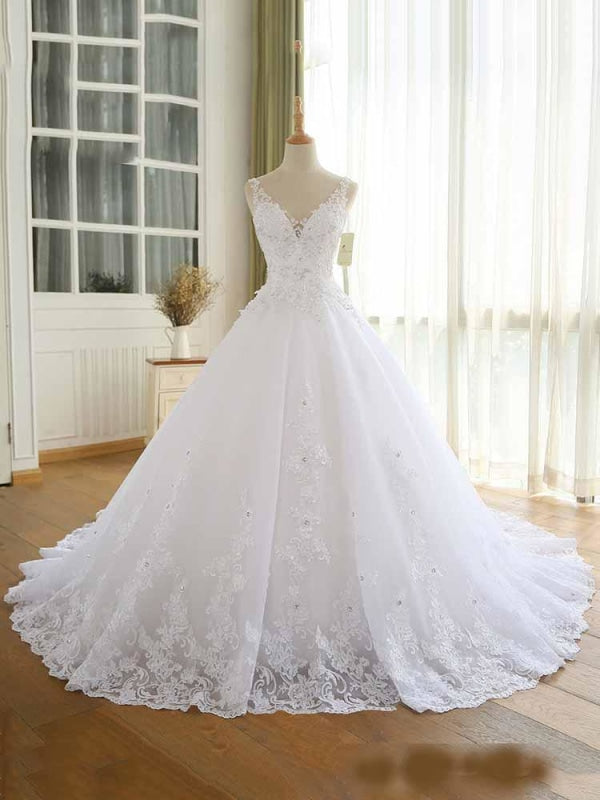 Modest V-Neck Lace-Up Wedding Dresses - White / Floor Length - wedding dresses