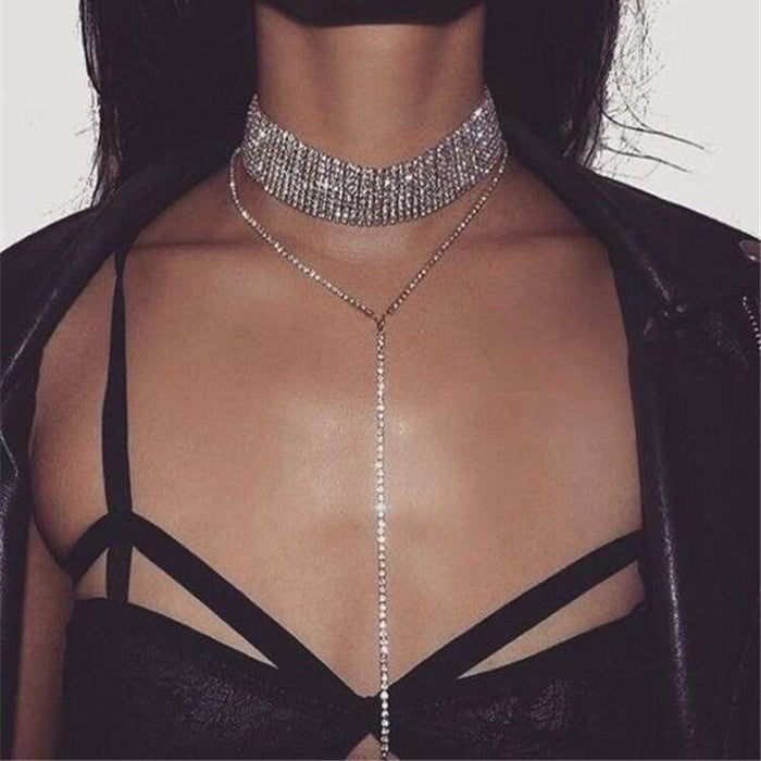 Multi Row Full Rhinestone Long Tassel Bridal Necklaces | Bridelily - necklaces