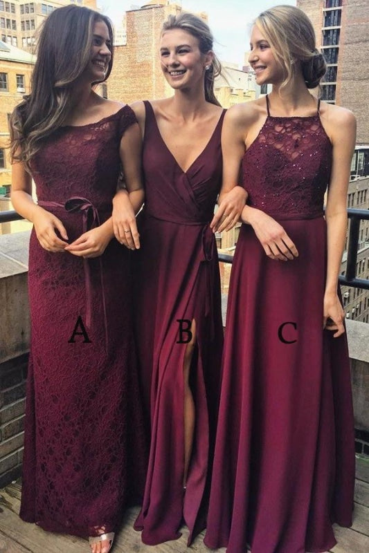 Multi Styles A-Line Floor-Length Maroon Bridesmaid/Prom/Evening Dress with Lace - Prom Dresses