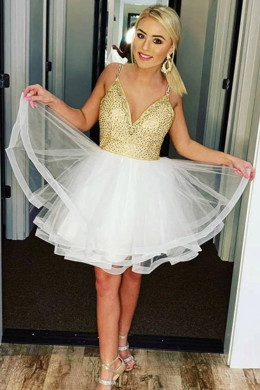 Multi-Tiered Gold Beaded Short Homecoming Dress Straps V Neck Sweet 16 Dresses - Prom Dresses