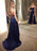 Navy Blue A Line tti Straps Backless High Slit Sweep Train Satin Long Prom Dresses with Beading Belt, Navy Blue Formal Dresses, Evening Dresses