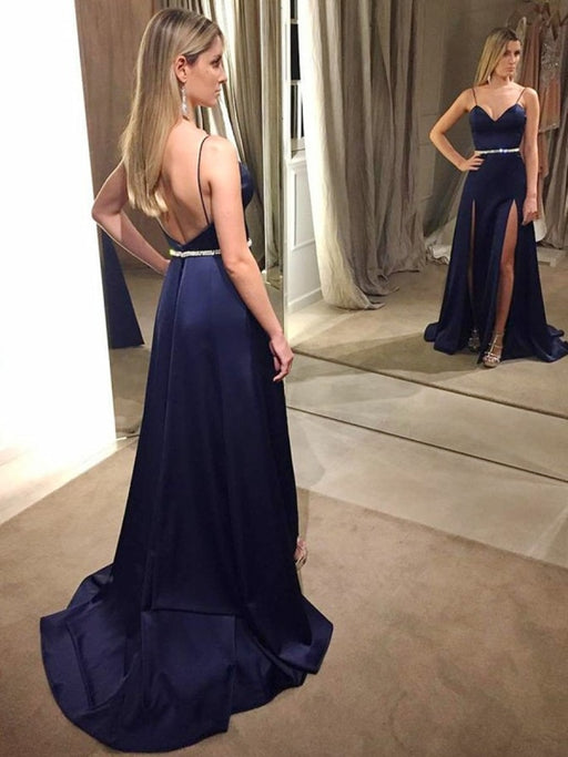 Navy Blue A Line tti Straps Backless High Slit Sweep Train Satin Long Prom Dresses with Beading Belt, Navy Blue Formal Dresses, Evening Dresses