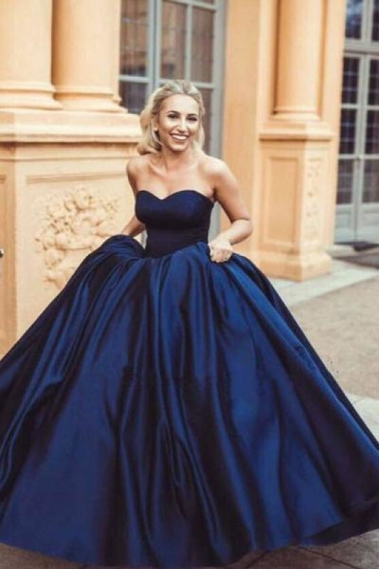 Navy Blue Ball Sweetheart Dress Princess Satin Strapless Long Prom Gown - Prom Dresses