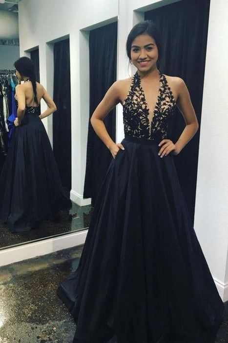 Navy Blue Deep V-neck Sleeveless Halter Satin Floor-length with Lace Appliques Prom Dress - Prom Dresses