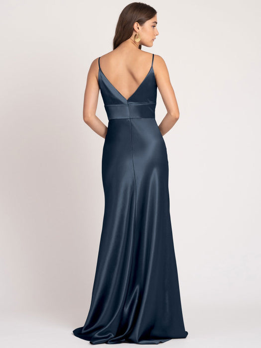 Navy Blue Evening Dress A-Line V-Neck Floor-Length Sleeveless Backless Matte Satin Formal Party Dresses(APP ExclusivePrice  $144.99)