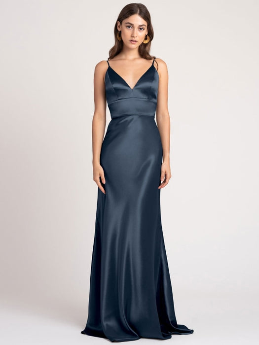 Navy Blue Evening Dress A-Line V-Neck Floor-Length Sleeveless Backless Matte Satin Formal Party Dresses(APP ExclusivePrice  $144.99)
