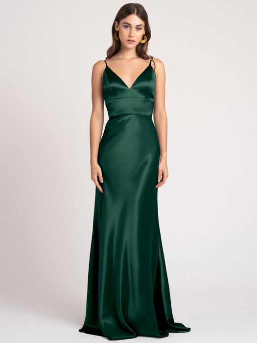 Navy Blue Evening Dress A-Line V-Neck Floor-Length Sleeveless Backless Matte Satin Formal Party Dresses(APP ExclusivePrice  $144.99)