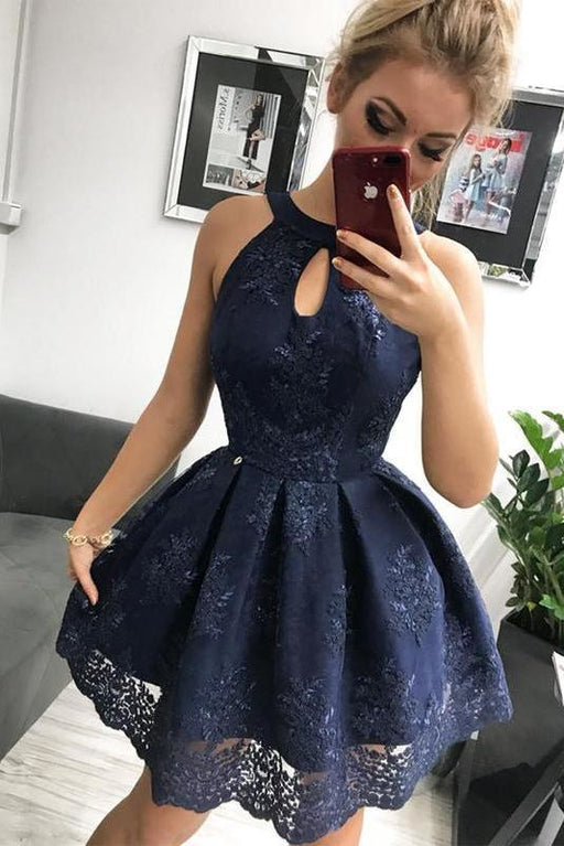 Navy Blue Lace Homecoming Petite Short Formal Dresses 2021 - Bridelily
