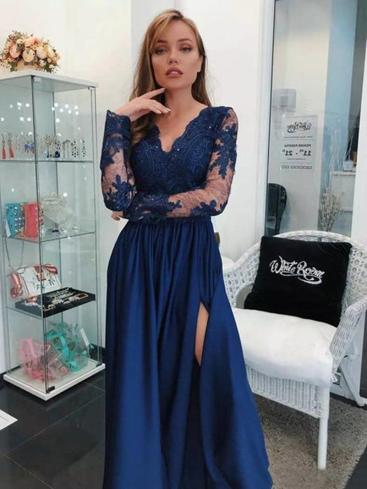 Navy Blue Long Sleeves Beaded Lace High Slit Formal Dress-Bridelily Navy Blue Long Sleeves Beaded Lace High Slit Formal Dress-Bridelily