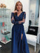 Navy Blue Long Sleeves Beaded Lace Long Prom Dresses with High Slit, Long Sleeve Navy Blue Formal Dresses, Lace Evening Dresses