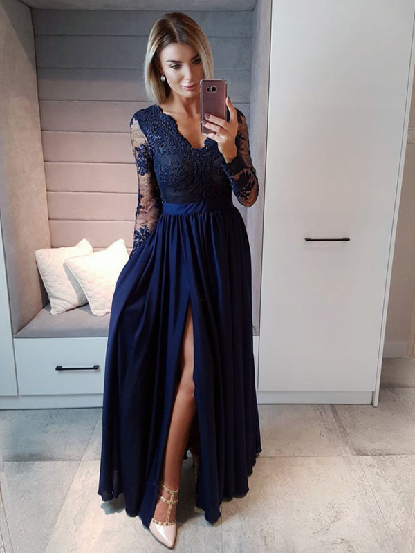 navy blue long dress with sleeves Women's Sloane Sleeve Satin Maxi - In Size Small - Navy / Blue High waist tops a mermaid Alayna | Navy Long-Sleeve Maxi