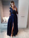 Navy Blue Long Sleeves Beaded Lace Long Prom Dresses with High Slit, Long Sleeve Navy Blue Formal Dresses, Lace Evening Dresses