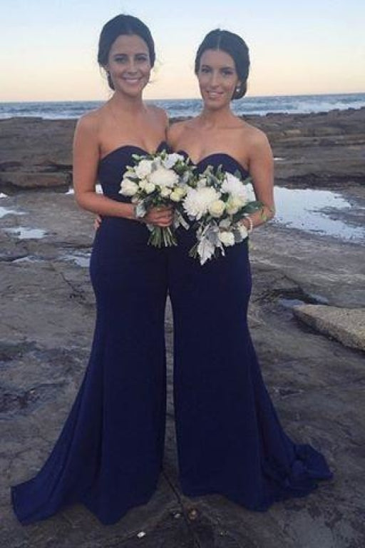 Navy Blue Mermaid Sweetheart Strapless Sweep Train Bridesmaid Dress With Pleats - Prom Dresses