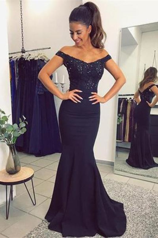 Navy Blue Off The Shoulder Mermaid Stretch Evening Dresses with Lace Beads - Prom Dresses