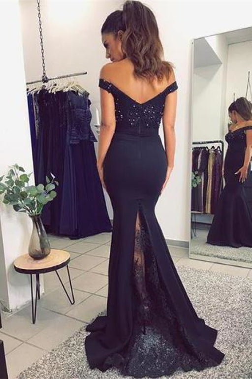 Navy Blue Off The Shoulder Mermaid Stretch Evening Dresses with Lace Beads - Prom Dresses
