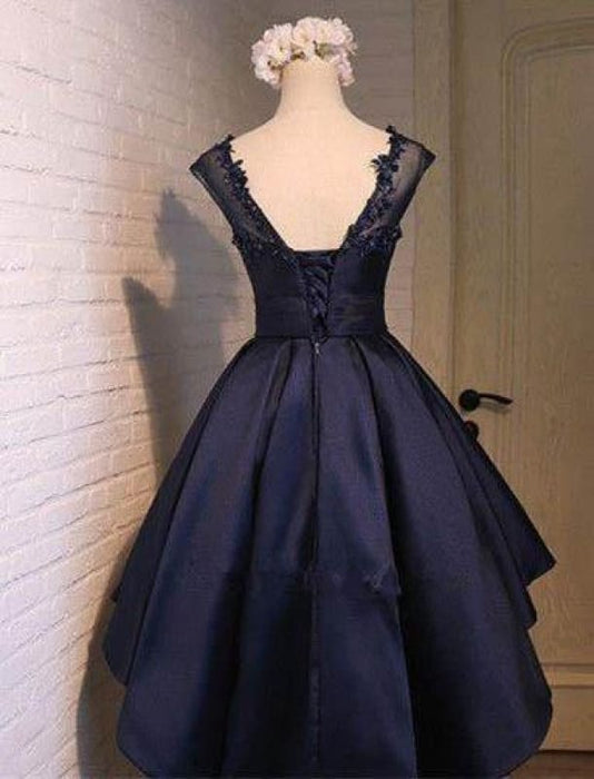 Navy Blue Satin Classy Homecoming Sexy Party Graduation Short Prom Dress - Prom Dresses