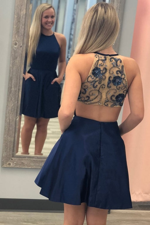 Navy Blue Satin Homecoming Beads Cheap Short Prom Dress with Pockets - Prom Dresses