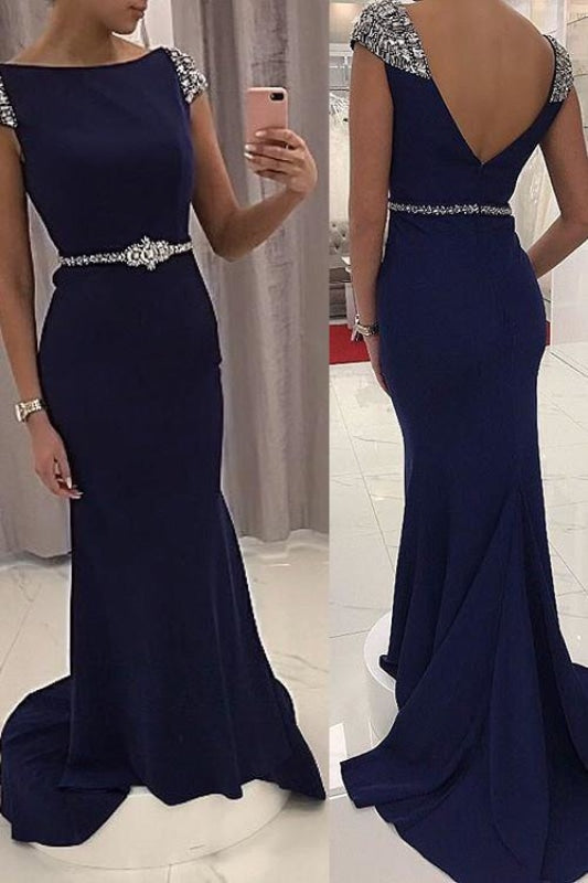 Navy Blue Sequined Fitted Cap Sleeve Mermaid Prom Dress Formal Gown - Prom Dresses