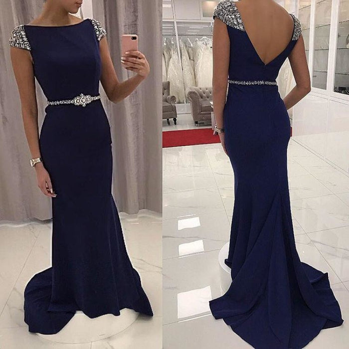 Navy Blue Sequined Fitted Cap Sleeve Mermaid Prom Dress Formal Gown - Prom Dresses