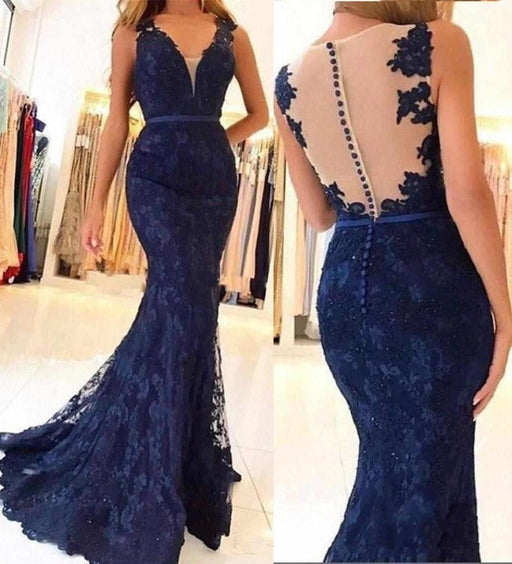 Navy Blue Sleeveless Formal Dresses Mermaid Sheer Back Lace Prom Gown - Prom Dresses