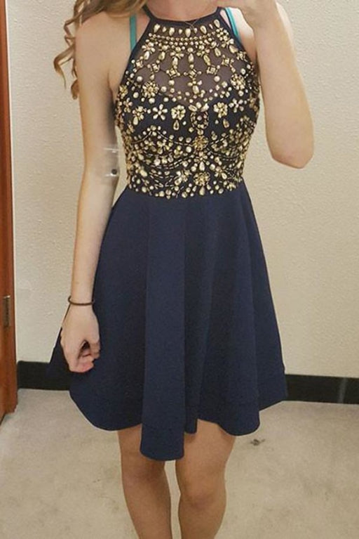 Navy Blue Sleeveless Short Homecoming Cute Mini Prom Dress with Rhinestones - Prom Dresses