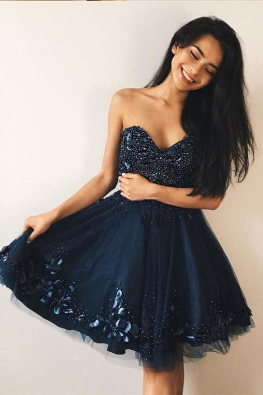 Navy Blue Sweetheart Beading Prom with Appliques Knee Length Tulle Homecoming Dress - Prom Dresses