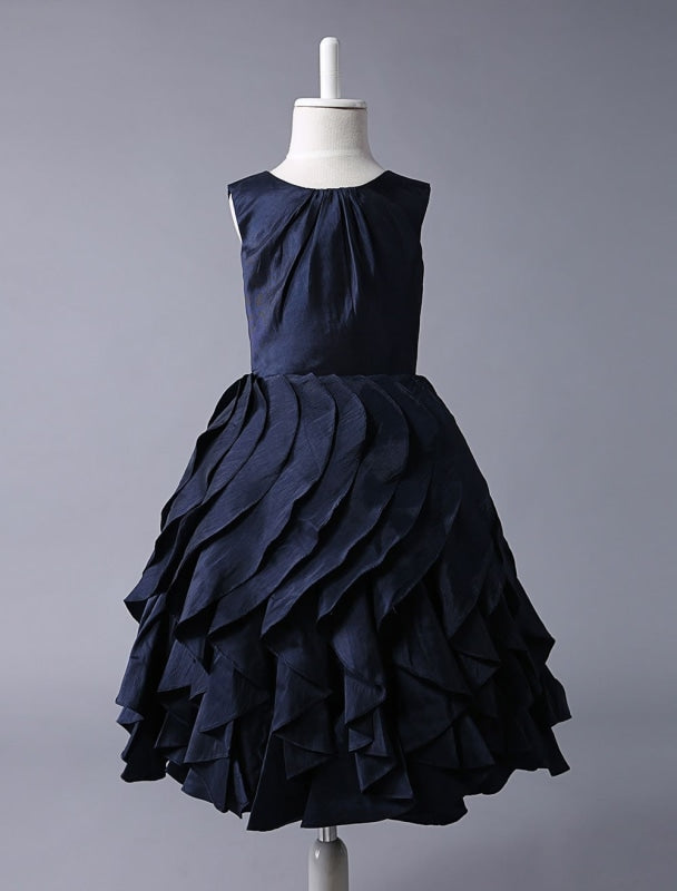 Navy Blue Taffeta Flower Girl Dress With Ruffle Skirt