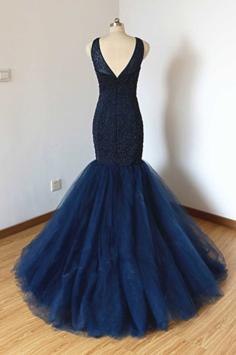 Navy Blue Tulle Long Trumpet Formal Prom Dress With Applique - Prom Dresses