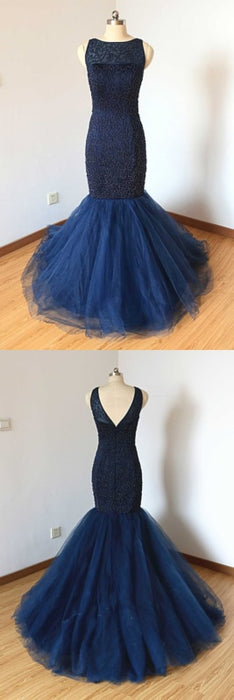 Navy Blue Tulle Long Trumpet Formal Prom Dress With Applique - Prom Dresses