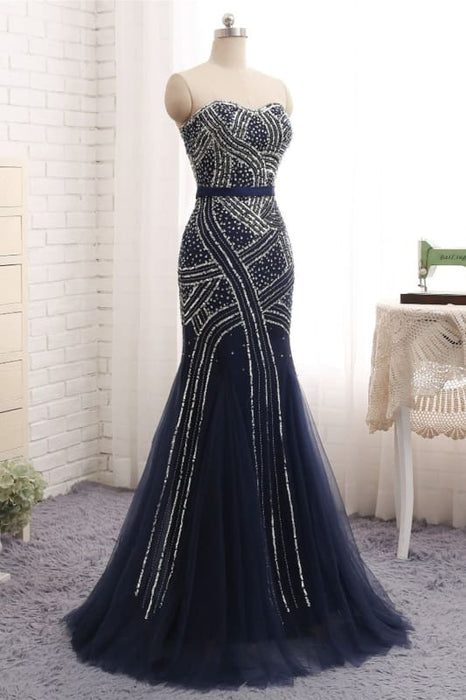 Navy Blue Tulle Sequins Strapless Long Mermaid Prom Dress - Prom Dresses