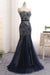 Navy Blue Tulle Sequins Strapless Long Mermaid Prom Dress - Prom Dresses