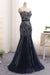 Navy Blue Tulle Sequins Strapless Long Mermaid Prom Dress - Prom Dresses