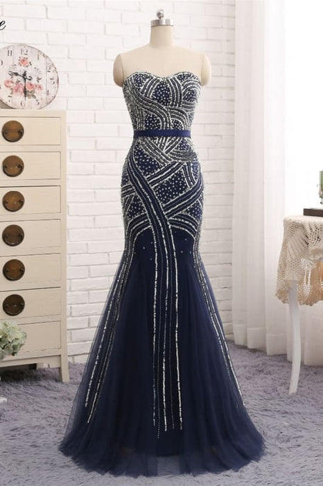Navy Blue Tulle Sequins Strapless Long Mermaid Prom Dress - Prom Dresses